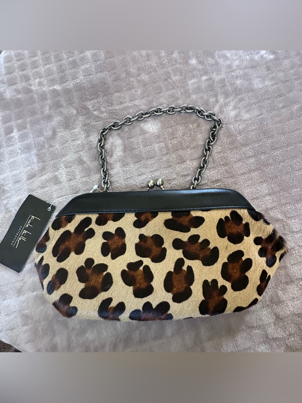 Nicole Miller Leopard Print Clutch with Chain Handle - Brown & Black